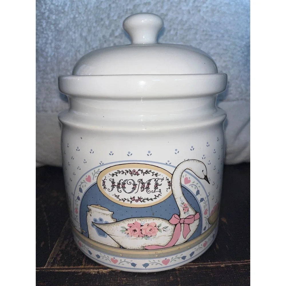 Vintage Home Interiors Swan Ceramic Canister Jar with Lid White Country Decor